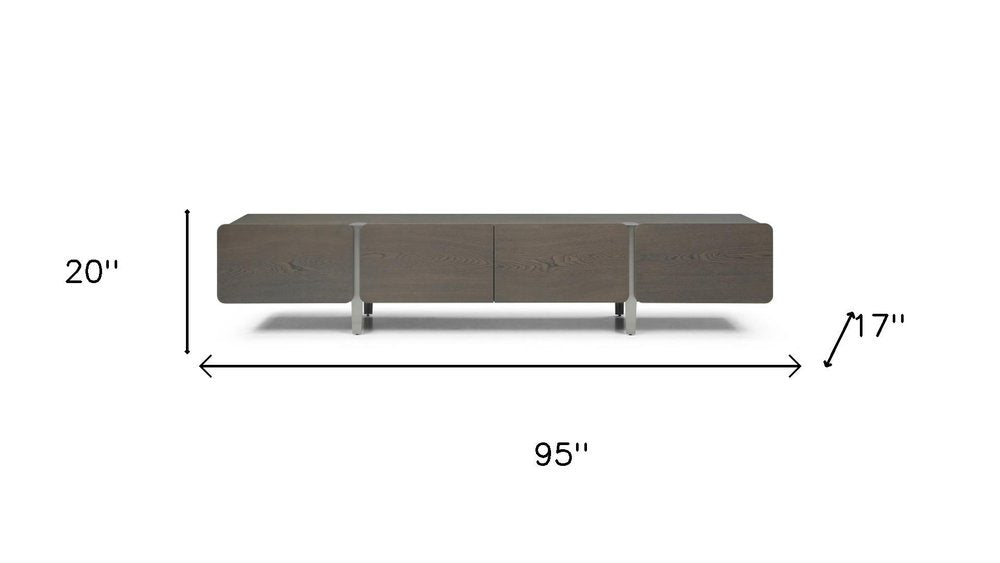 95" Ash Gray And Nickel Wood And Stainless Steel Enclosed Storage TV Stand