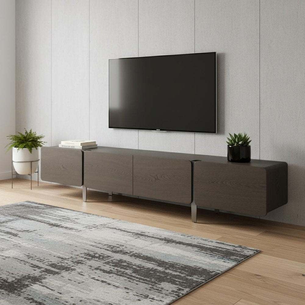 95" Ash Gray And Nickel Wood And Stainless Steel Enclosed Storage TV Stand