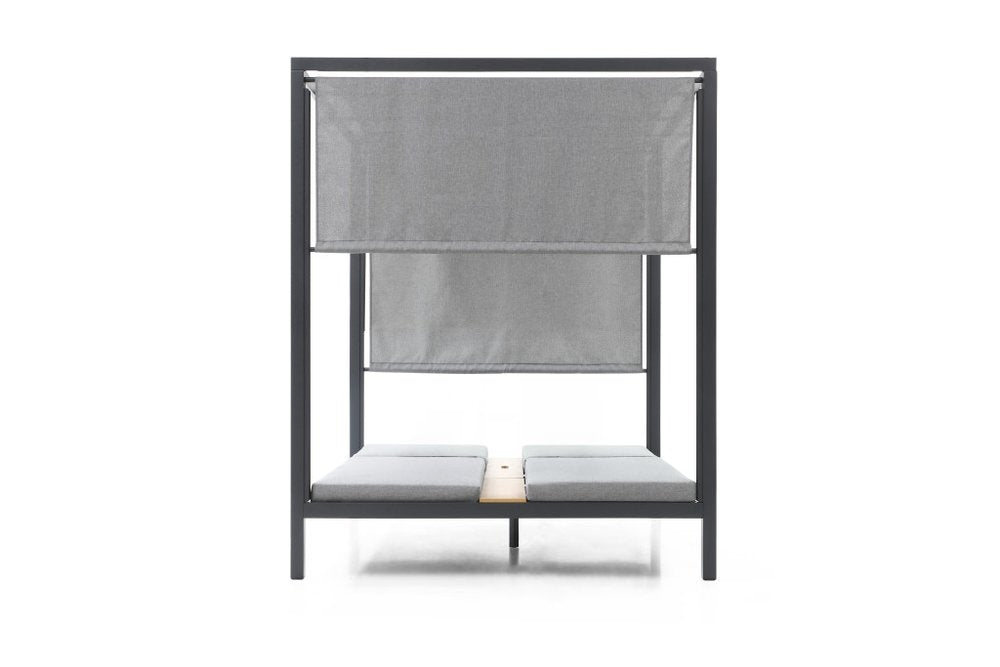 Gray aluminum gazebo with two gray fabric shades and two gray cushions on a white background.