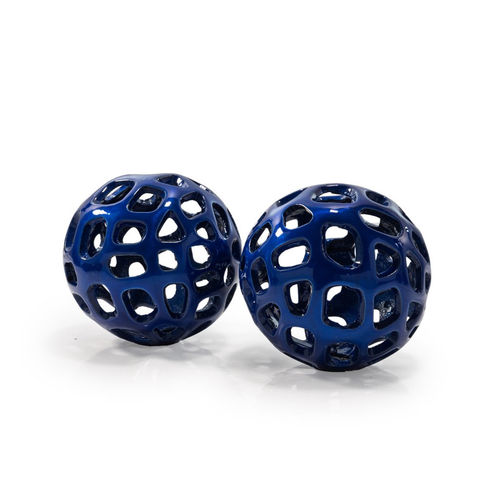 Set of Two Blue Aluminum Hand Painted Decorative Orbs