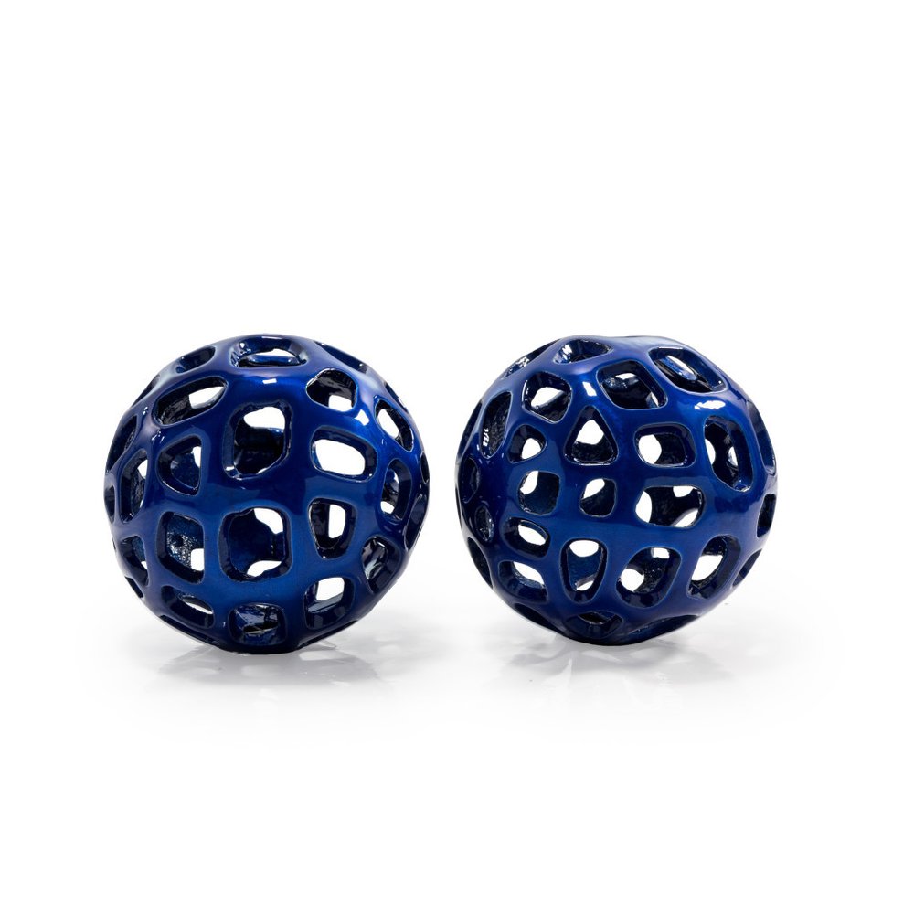 Set of Two Blue Aluminum Hand Painted Decorative Orbs