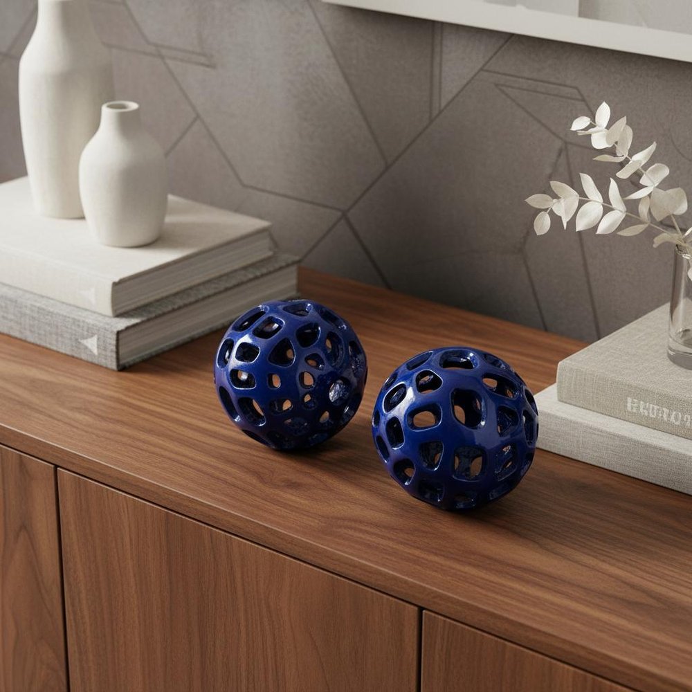 Set of Two Blue Aluminum Hand Painted Decorative Orbs