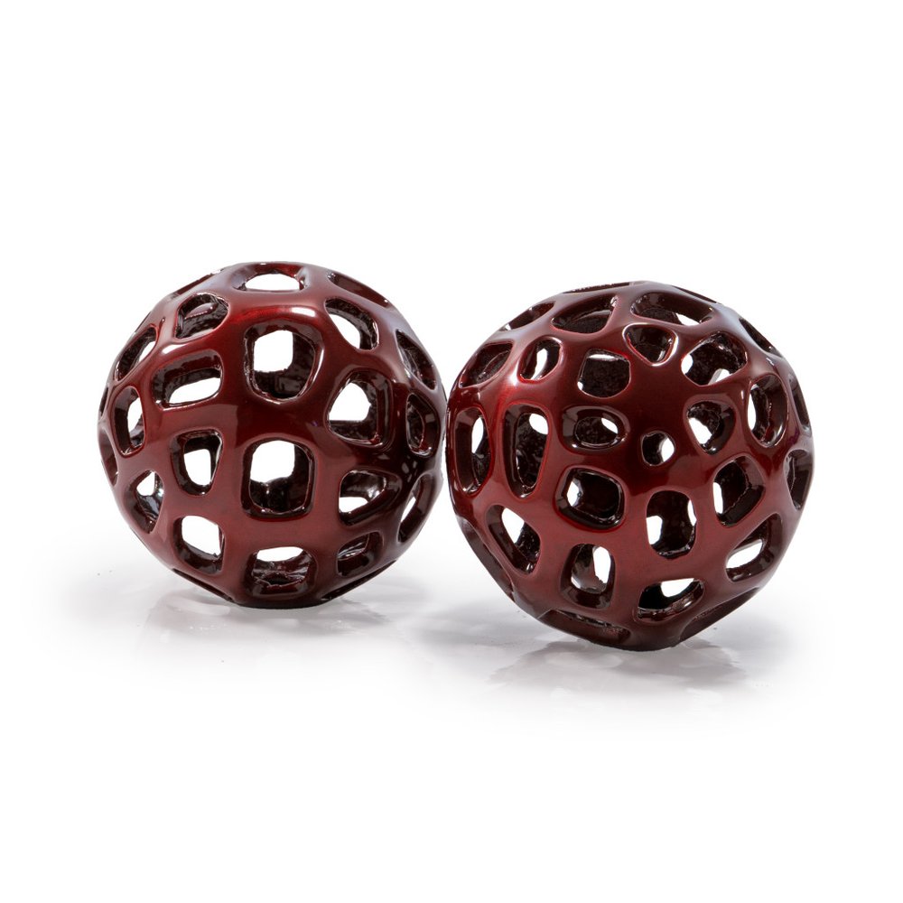 Set of Two Red Aluminum Hand Painted Decorative Orbs