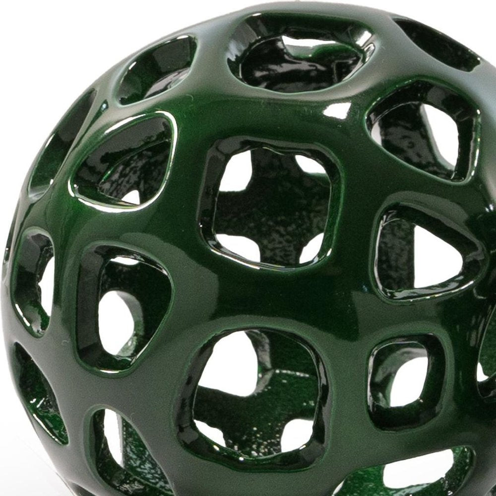 Set of Two Green Aluminum Hand Painted Decorative Orbs close-up detail