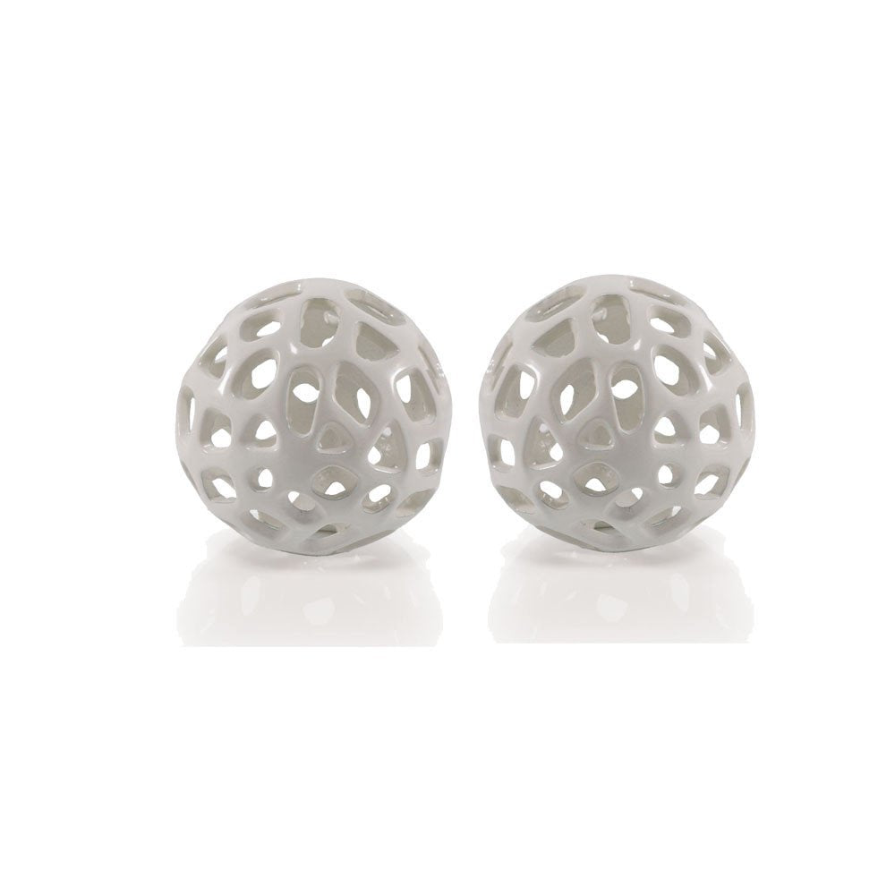Set of Two White Aluminum Hand Painted Decorative Orbs