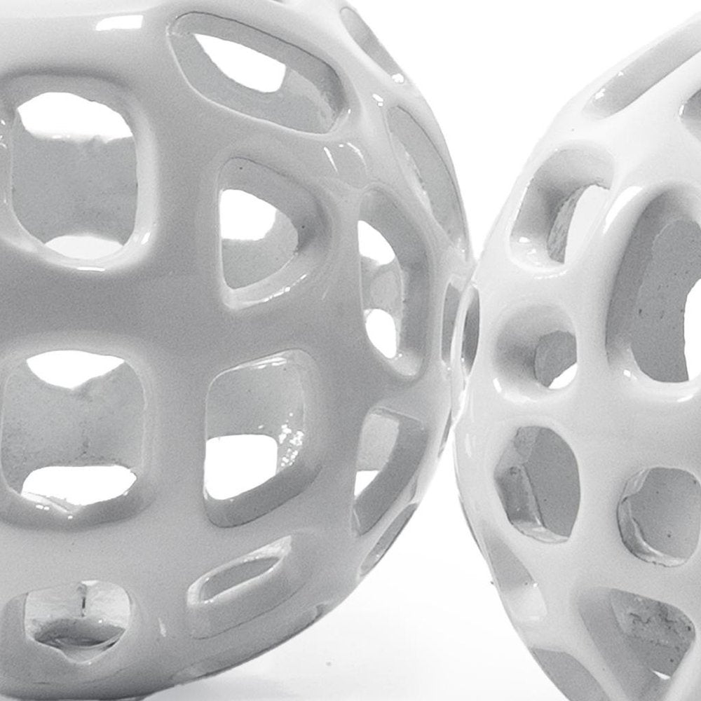 Set of Two White Aluminum Hand Painted Decorative Orbs