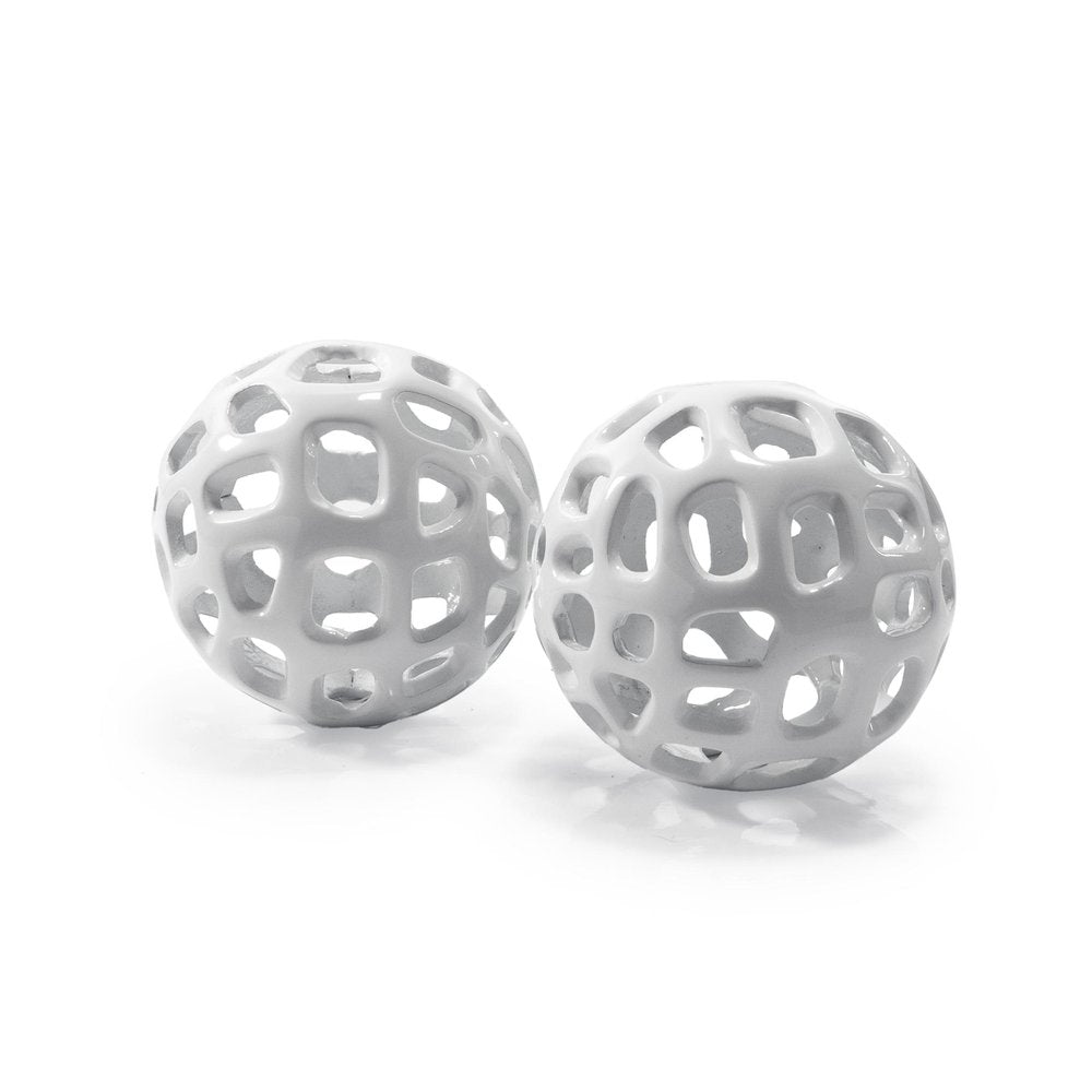 Set of Two White Aluminum Hand Painted Decorative Orbs