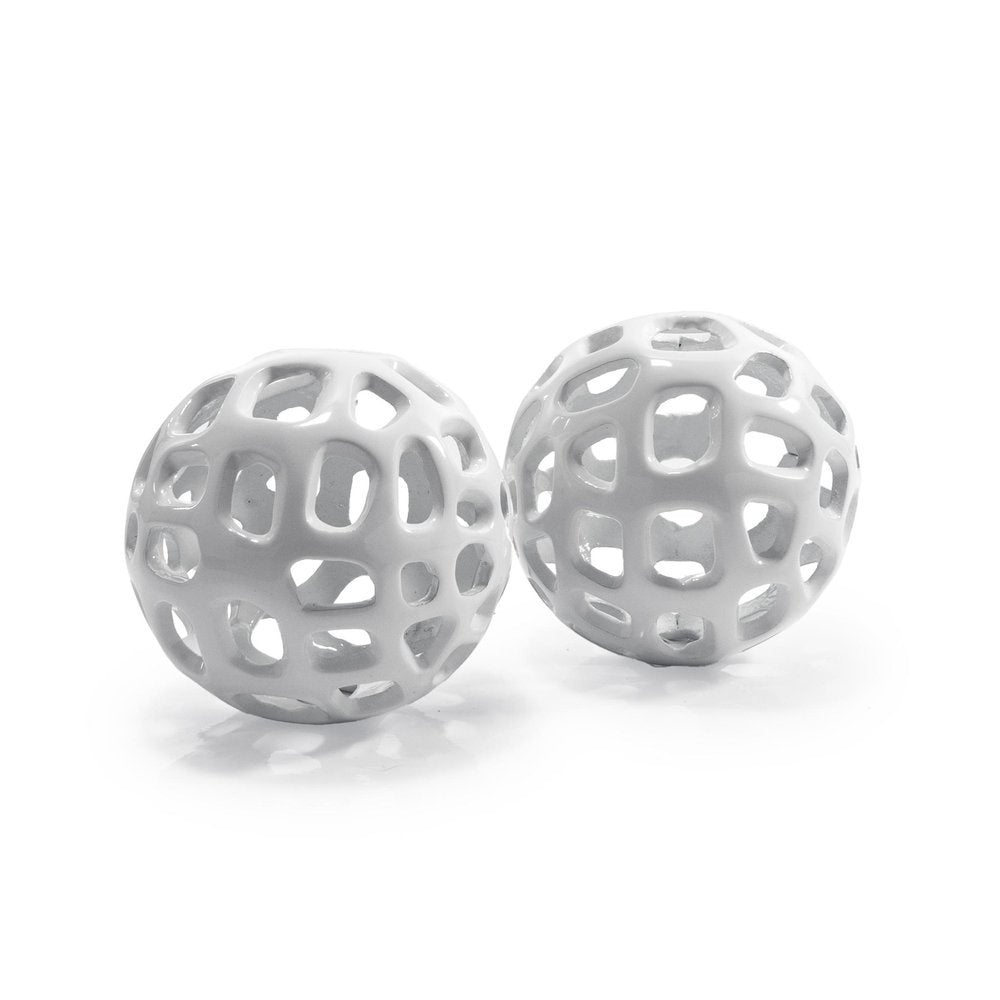 Set of Two White Aluminum Hand Painted Decorative Orbs