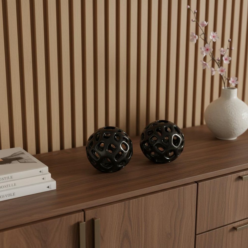 Set of Two Black Aluminum Hand Painted Decorative Orbs