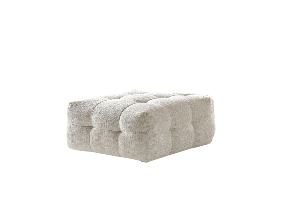 36" Beige and Black Chenille Tufted Pouf Ottoman. Ottoman isolated on a plain white background, in a beige finish.