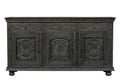 81" Black Distressed Solid Wood Carved Floral Three Drawer Sideboard With Three Doors on a white background