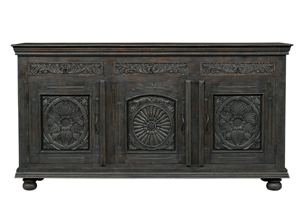 81" Black Distressed Solid Wood Carved Floral Three Drawer Sideboard With Three Doors on a white background