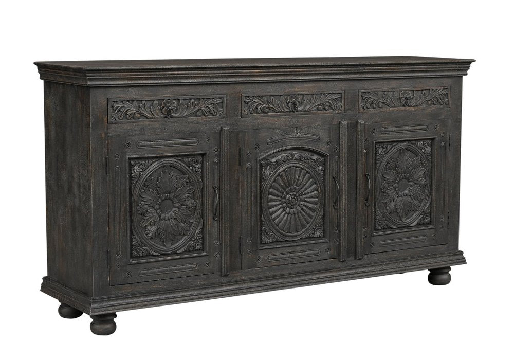 81" Black Distressed Solid Wood Carved Floral Three Drawer Sideboard With Three Doors on a white background