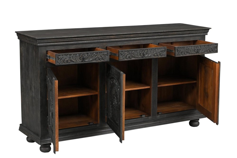 81" Black Distressed Solid Wood Carved Floral Three Drawer Sideboard With Three Doors on a white background