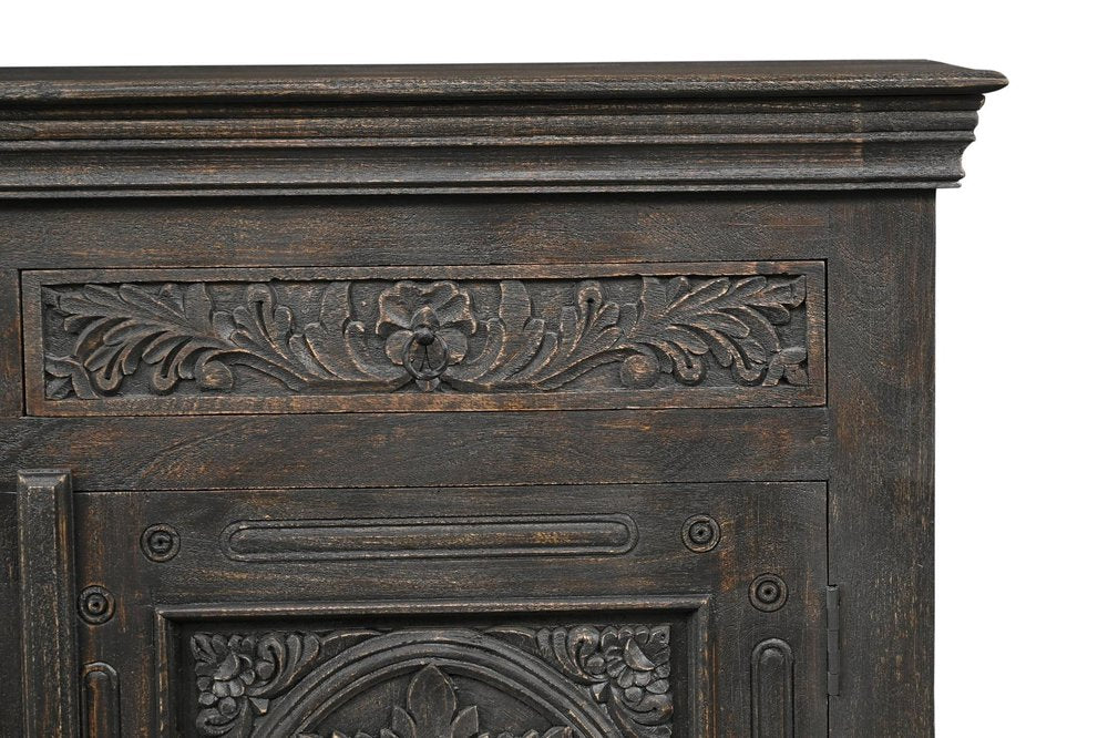 81" Black Distressed Solid Wood Carved Floral Three Drawer Sideboard With Three Doors on a white background