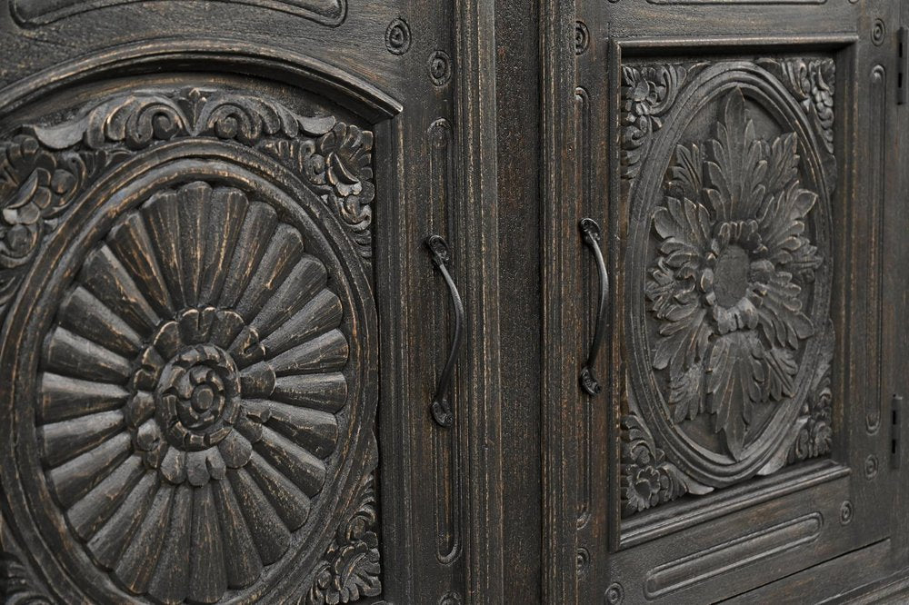 81" Black Distressed Solid Wood Carved Floral Three Drawer Sideboard With Three Doors close-up detail