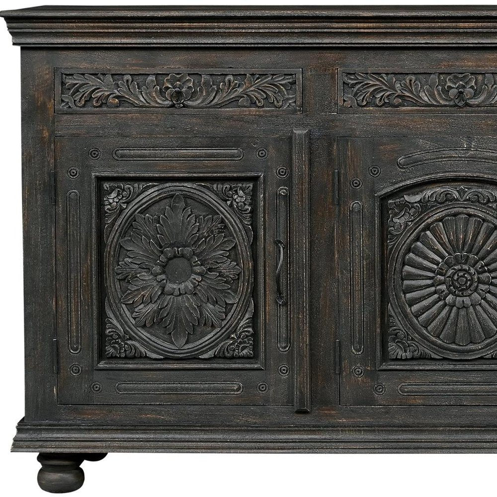 81" Black Distressed Solid Wood Carved Floral Three Drawer Sideboard With Three Doors close-up detail