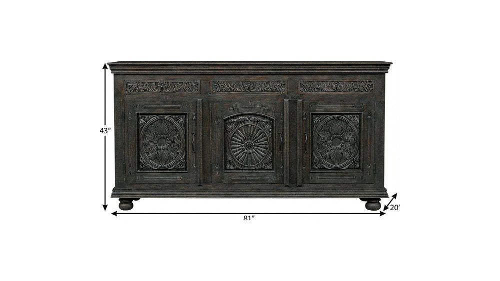 81" Black Distressed Solid Wood Carved Floral Three Drawer Sideboard With Three Doors on a white background