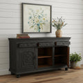 81" Black Distressed Solid Wood Carved Floral Three Drawer Sideboard With Three Doors