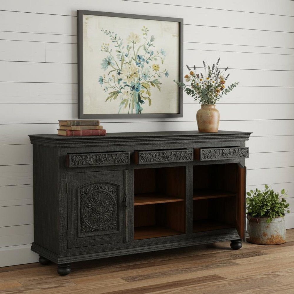 81" Black Distressed Solid Wood Carved Floral Three Drawer Sideboard With Three Doors in a home interior