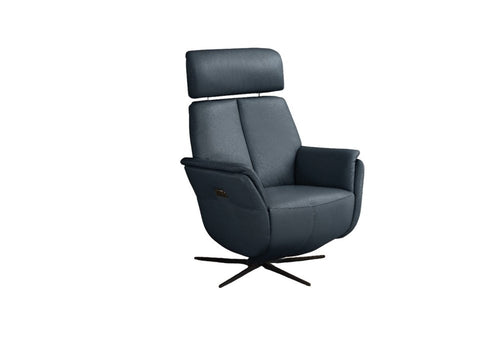 Blue leather swivel recliner with a high back and headrest on a black star base against a white background.