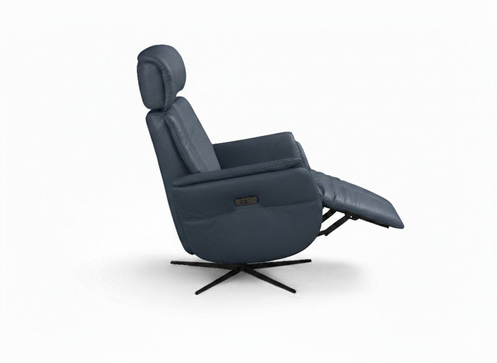 28" Blue Genuine Leather Power Swivel Recliner. Recliner isolated on a plain white background, showing a blue leather surface.