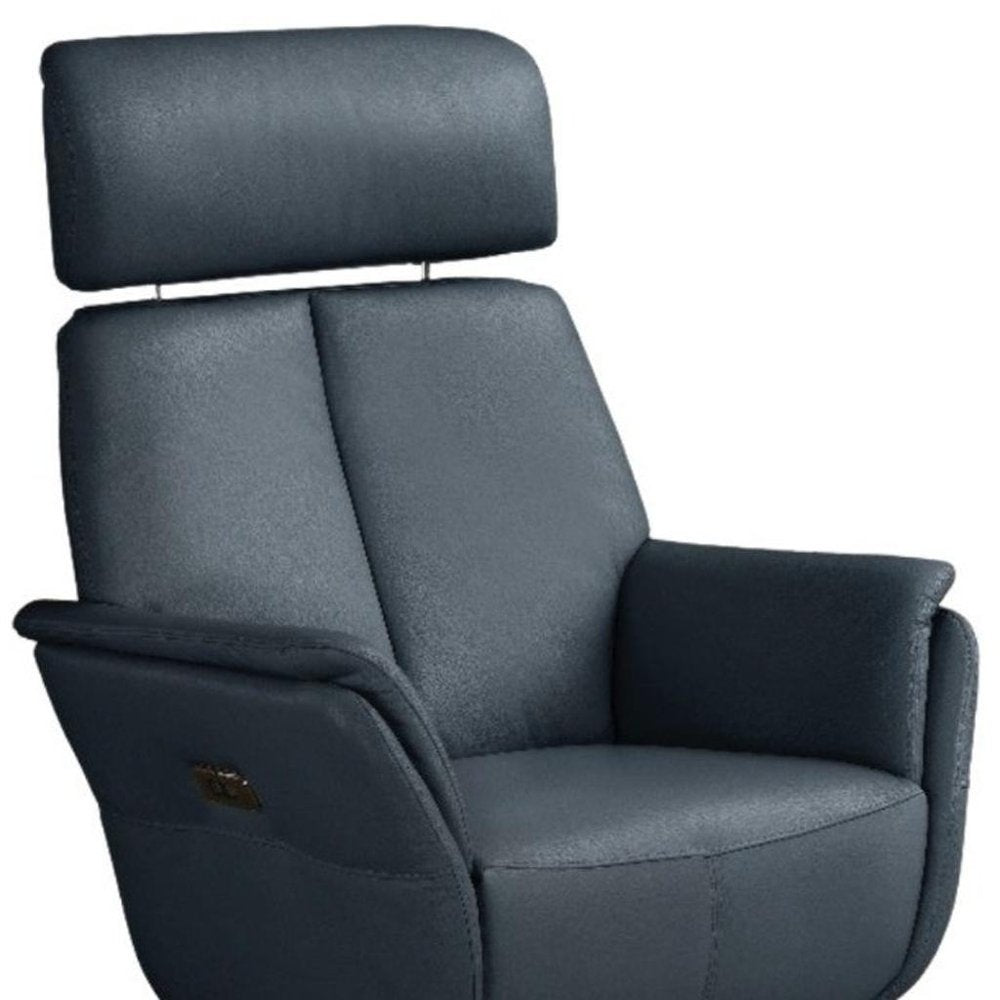 28" Blue Genuine Leather Power Swivel Recliner. Recliner isolated on a plain white background, finished in blue leather.