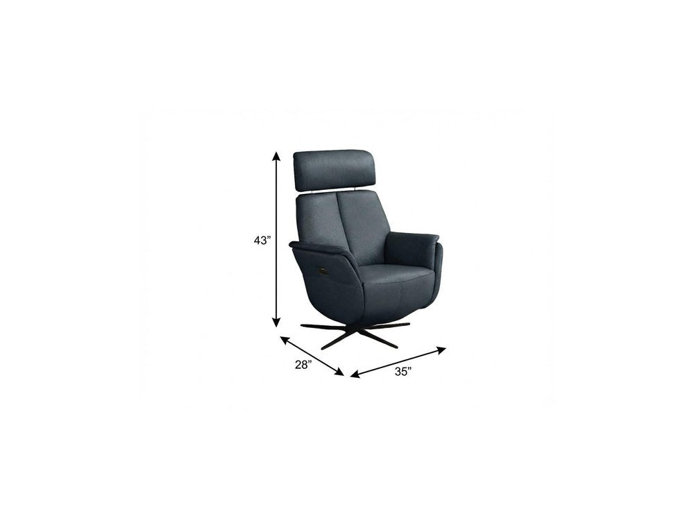 28" Blue Genuine Leather Power Swivel Recliner. Recliner isolated on a plain white background, showing a leather surface.