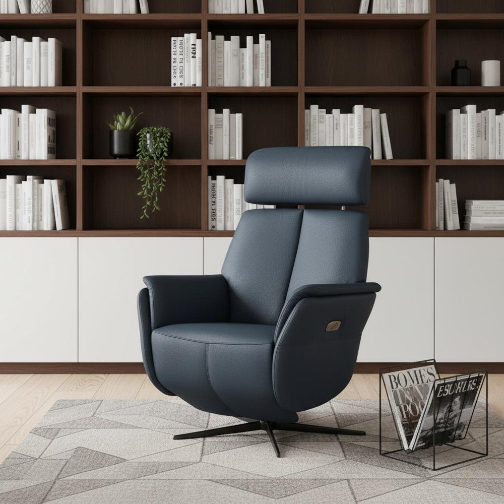 28" Blue Genuine Leather Power Swivel Recliner styled in a furnished interior with a dark brown wall on a tiled floor.