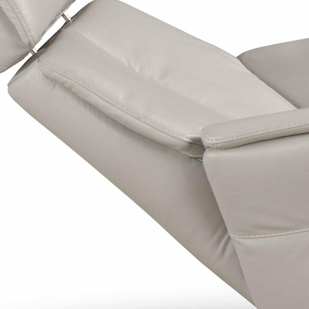 28" Light Gray Genuine Leather Power Swivel Recliner. Recliner isolated on a plain white background, in a light gray leather finish.
