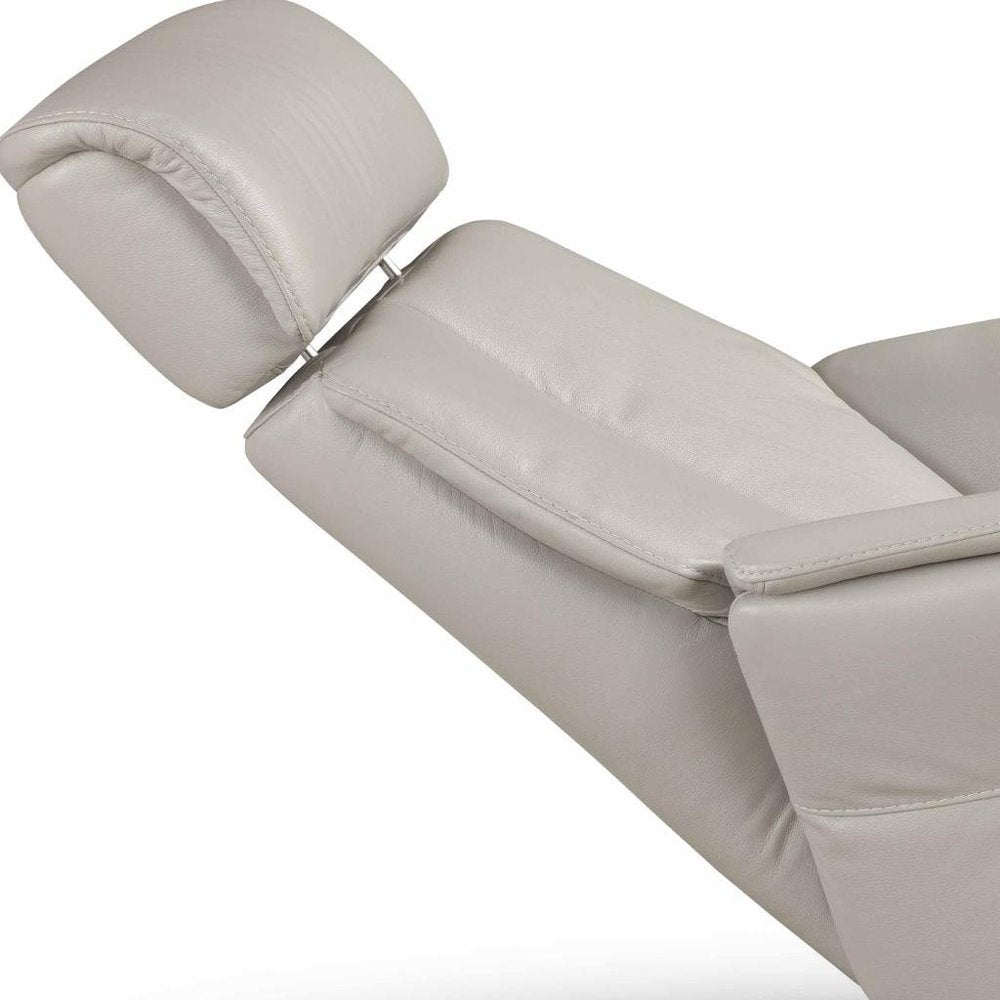 28" Light Gray Genuine Leather Power Swivel Recliner. Recliner isolated on a plain white background, showing a light gray leather surface.