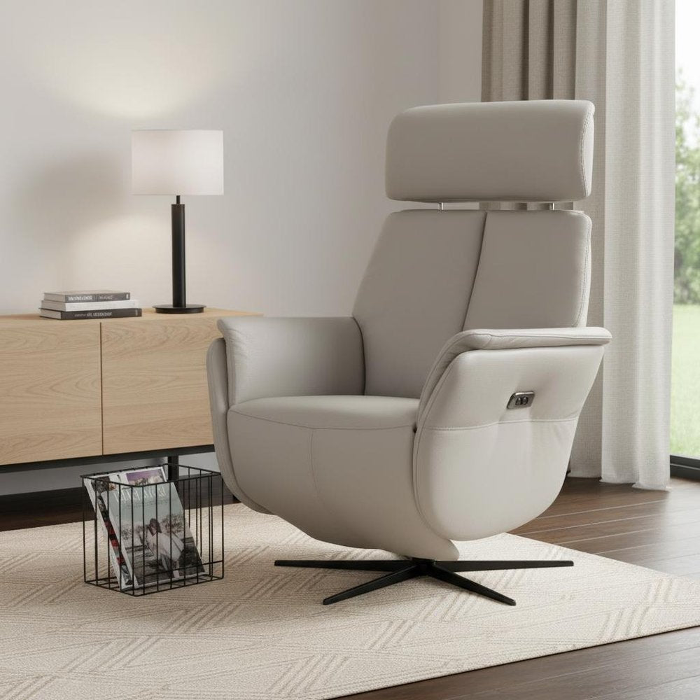 28" Light Gray Genuine Leather Power Swivel Recliner. Recliner isolated on a plain white background, in a light gray leather finish.