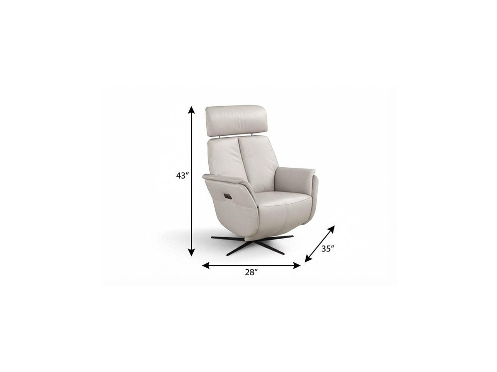 28" Light Gray Genuine Leather Power Swivel Recliner. Recliner isolated on a plain white background, finished in light gray leather.