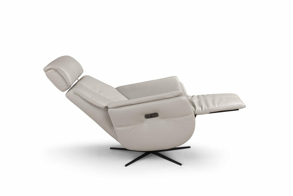 Light gray genuine leather power swivel recliner with extended footrest on a black base against a white background.