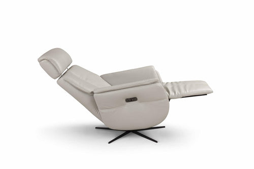 Light gray genuine leather power swivel recliner with extended footrest on a black base against a white background.