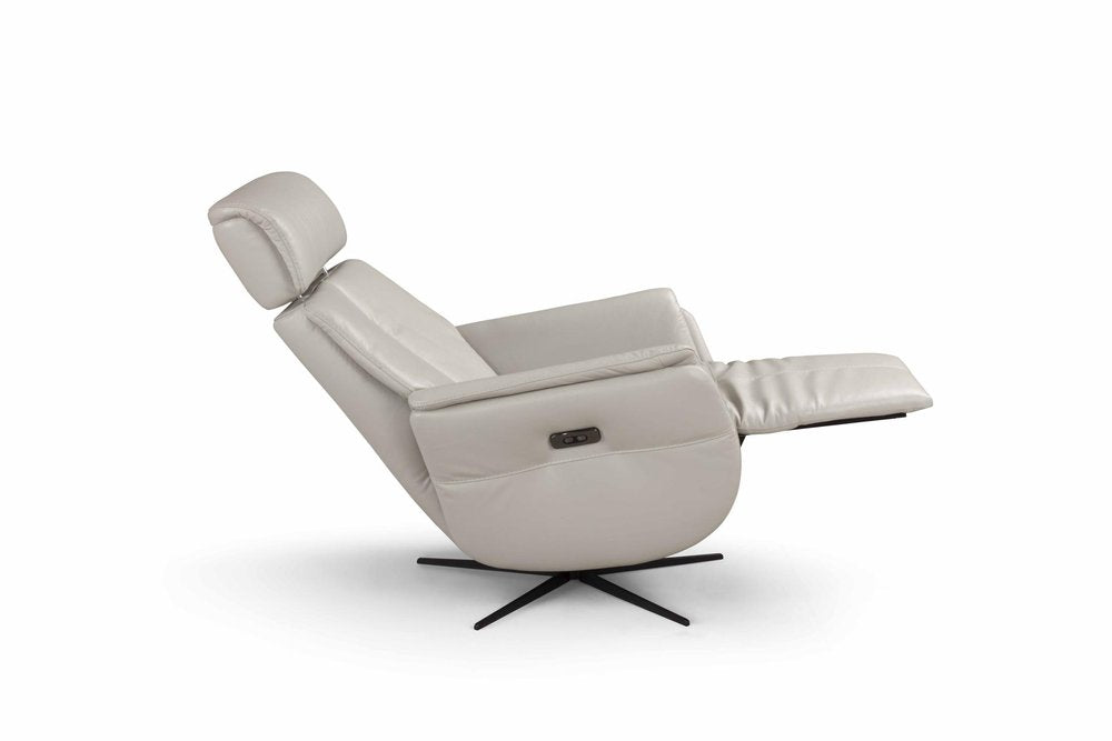 28" Light Gray Genuine Leather Power Swivel Recliner. Recliner isolated on a plain white background, finished in light gray leather.