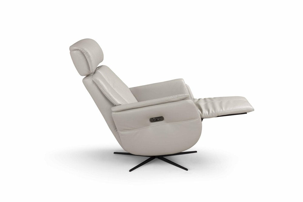 28" Light Gray Genuine Leather Power Swivel Recliner. Recliner isolated on a plain white background, showing a light gray leather surface.