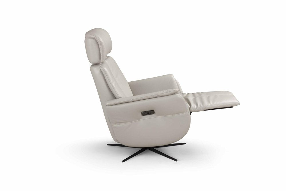 28" Light Gray Genuine Leather Power Swivel Recliner. Recliner isolated on a plain white background, in a light gray leather finish.