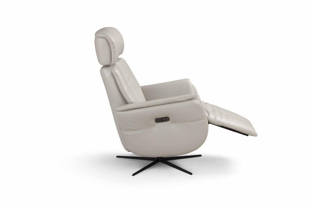 28" Light Gray Genuine Leather Power Swivel Recliner. Recliner isolated on a plain white background, showing a light gray leather surface.