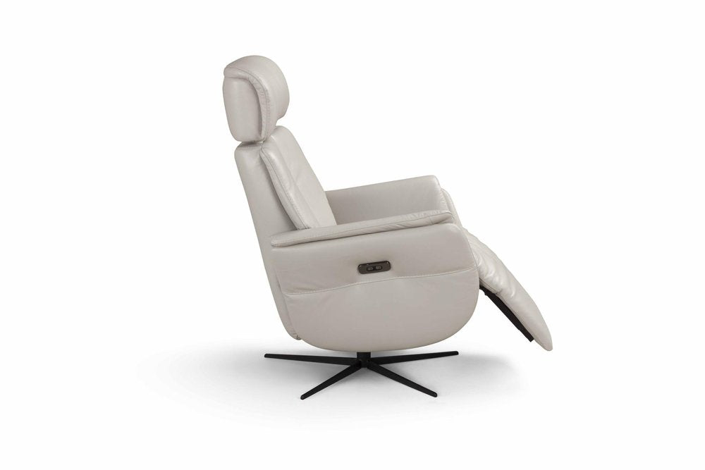 28" Light Gray Genuine Leather Power Swivel Recliner. Recliner isolated on a plain white background, in a light gray leather finish.