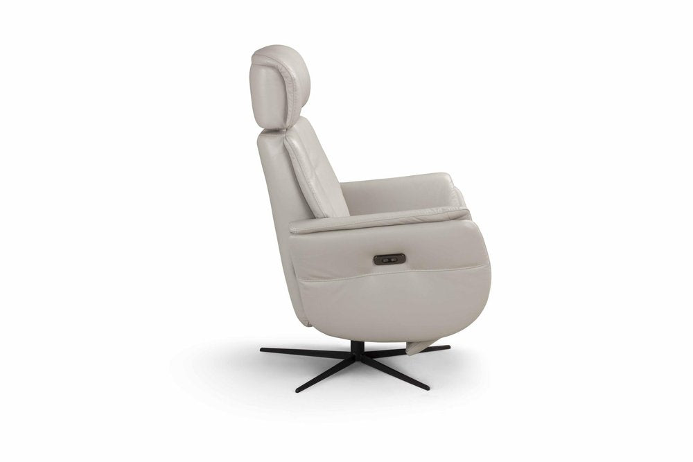 28" Light Gray Genuine Leather Power Swivel Recliner. Recliner isolated on a plain white background, finished in light gray leather.
