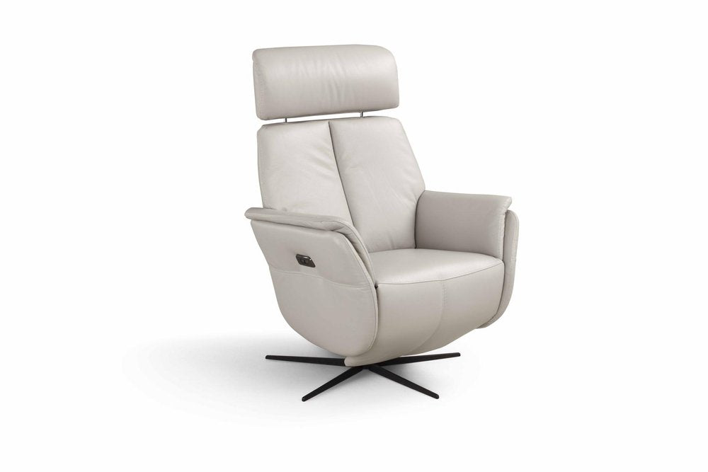 28" Light Gray Genuine Leather Power Swivel Recliner. Recliner isolated on a plain white background, showing a light gray leather surface.