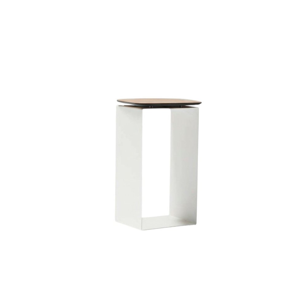 12" White And Brown Aluminum And Heavy Duty Resin Outdoor Side Table. Outdoor table isolated on a plain white background, in a white metal finish.