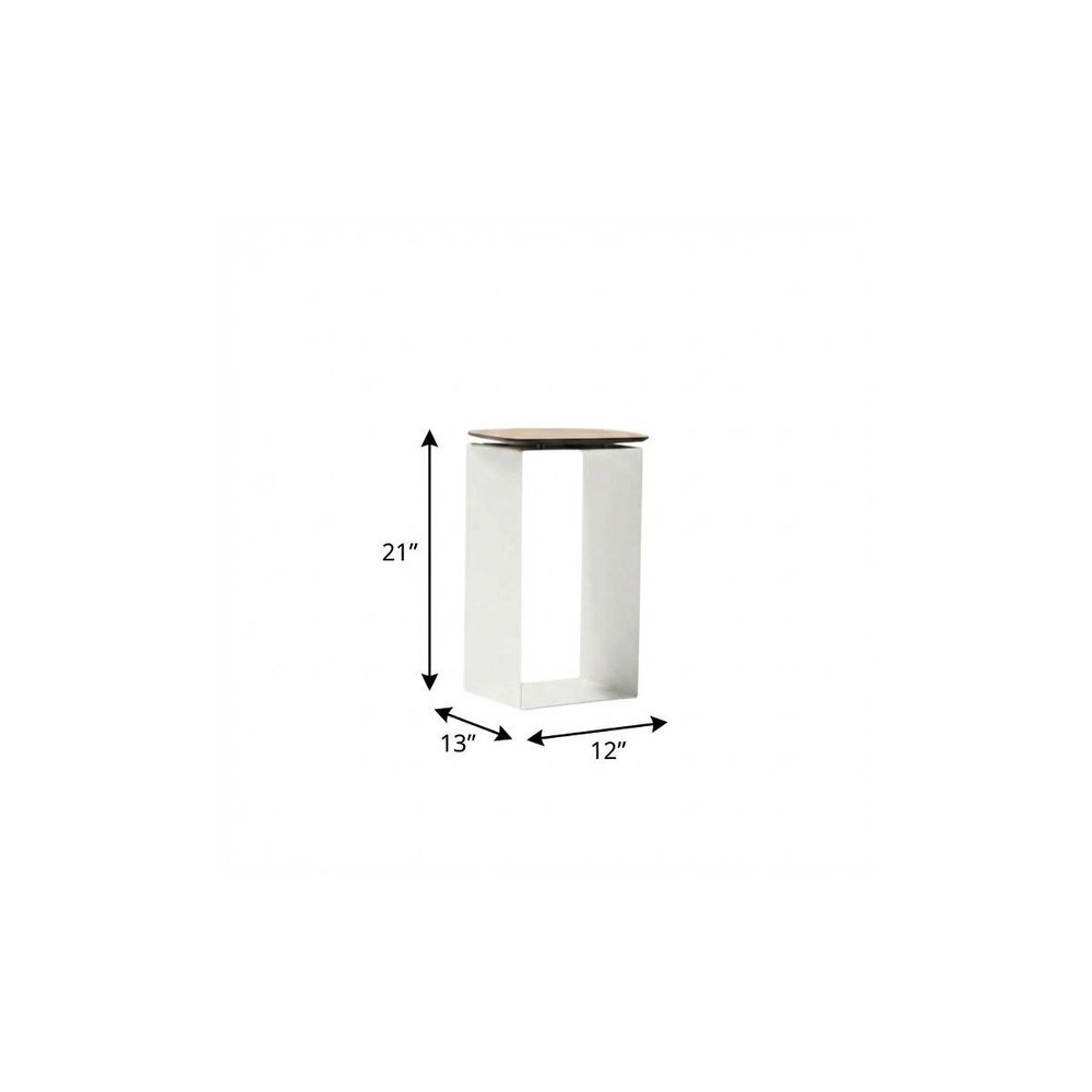 12" White And Brown Aluminum And Heavy Duty Resin Outdoor Side Table. Outdoor table isolated on a plain white background, finished in white metal.
