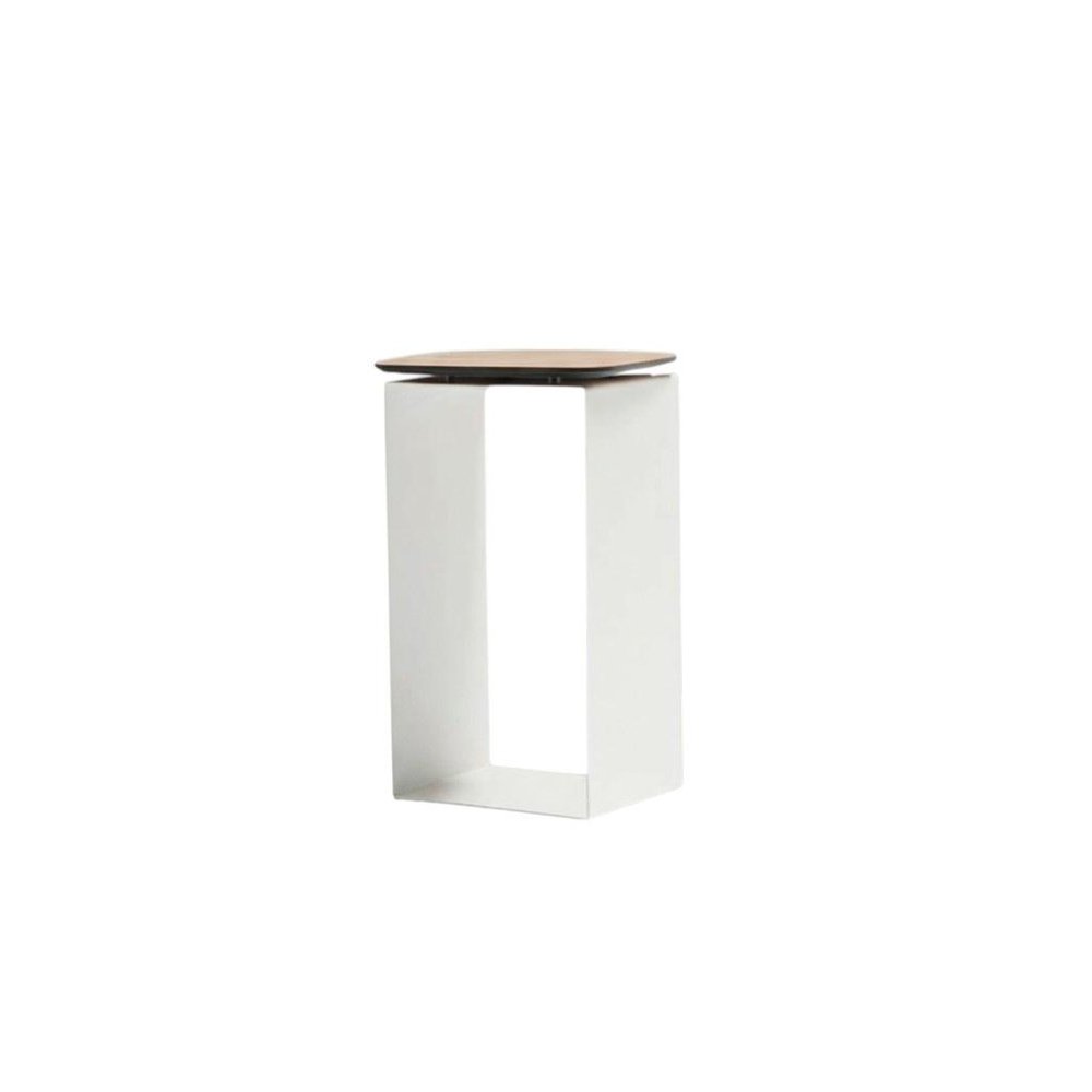 12" White And Brown Aluminum And Heavy Duty Resin Outdoor Side Table. Outdoor table isolated on a plain white background, showing a white metal surface.