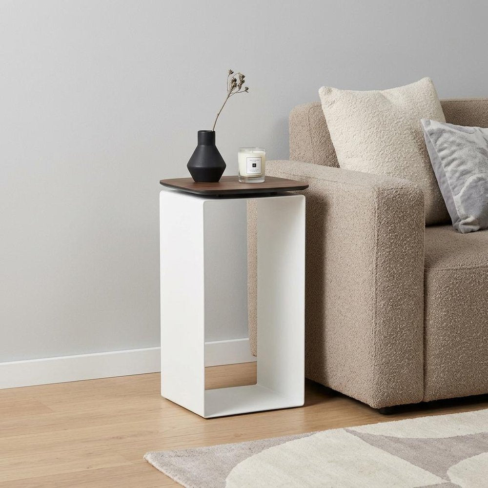 12" White And Brown Aluminum And Heavy Duty Resin Outdoor Side Table. Outdoor table isolated on a plain white background, in a white metal finish.
