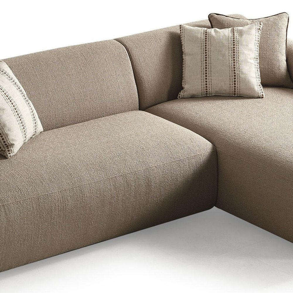 Taupe Boucle L Shaped Two Piece Sofa and Chaise Sectional With Toss Pillows