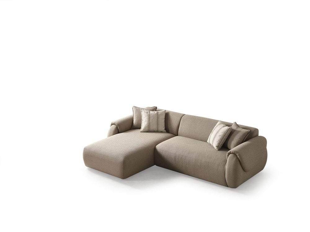 Taupe Boucle L Shaped Two Piece Sofa and Chaise Sectional With Toss Pillows