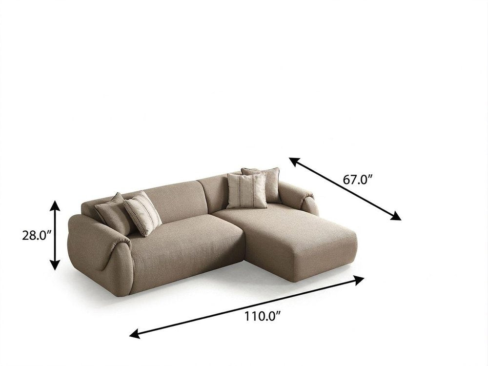 Taupe Boucle L Shaped Two Piece Sofa and Chaise Sectional With Toss Pillows