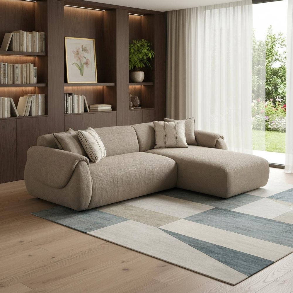 Taupe Boucle L Shaped Two Piece Sofa and Chaise Sectional With Toss Pillows